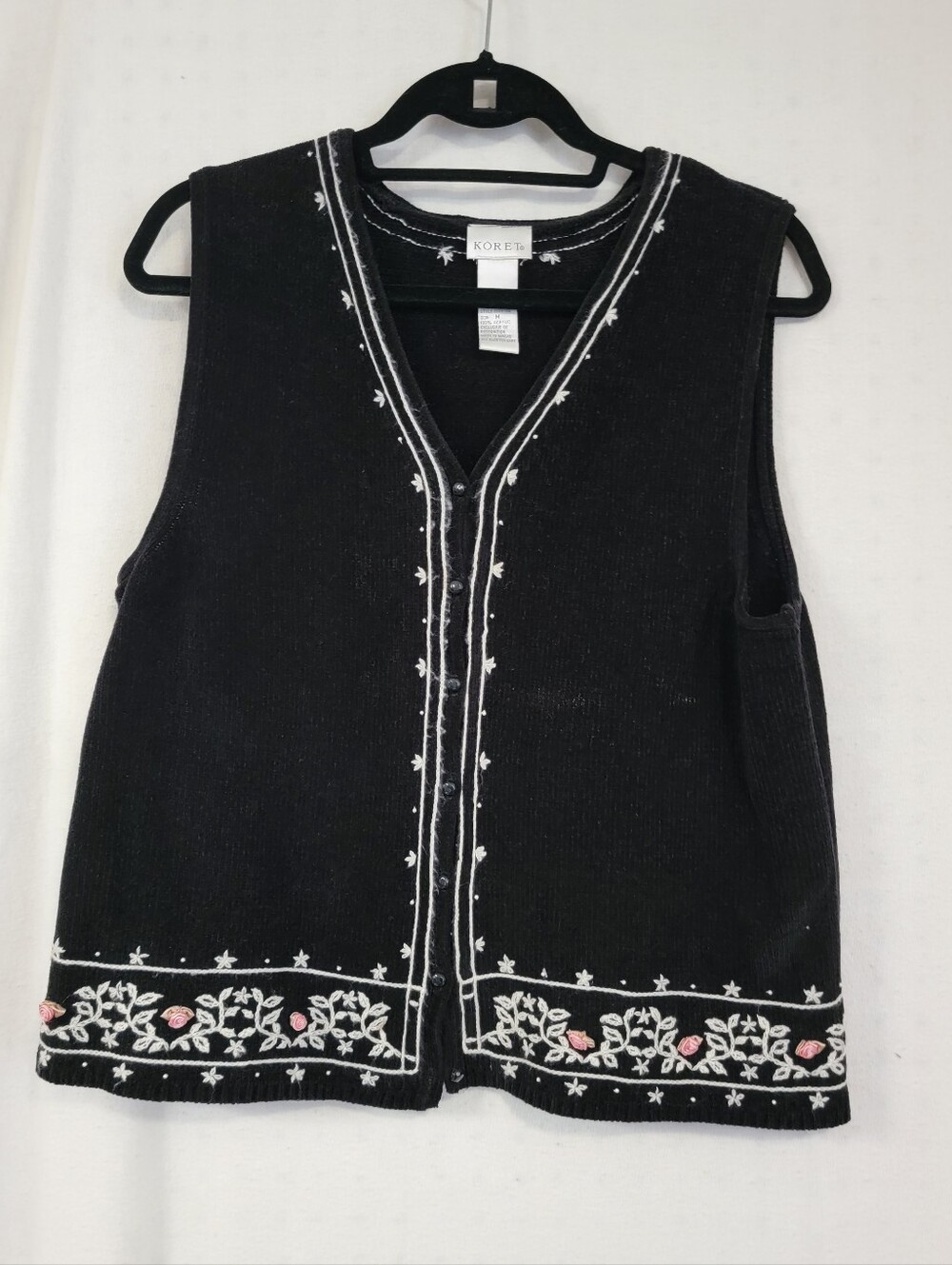 Koret Black Sleeveless Knit Vest with White & Pink Floral Embroidery